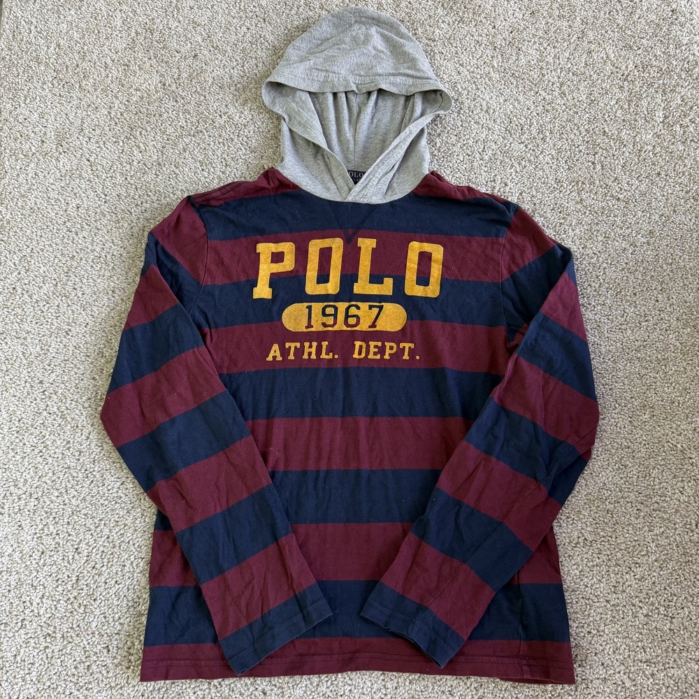 Polo Ralph Lauren Shirt Boys XL 18-20 Red Blue Striped Hoodie Long Sleeve 1967